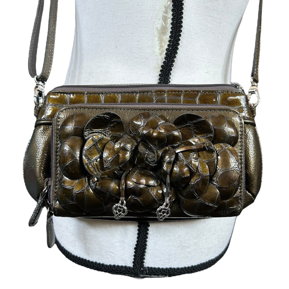 Brighton Rosalie Patent Leather 3D Floral Crossbody Purse Clutch Green Boho Chic